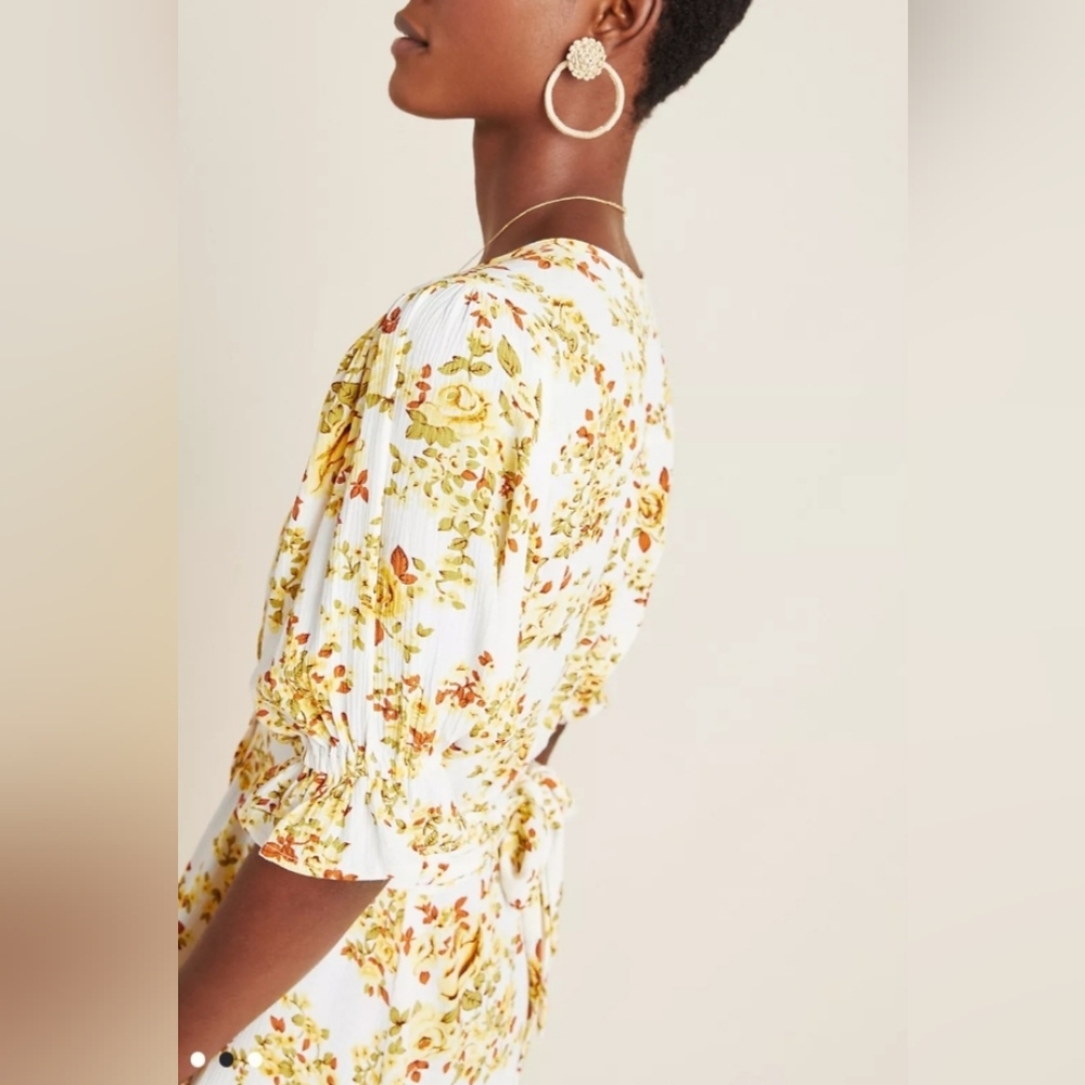 Anthropologie Faithfull the Brand Rafa Yellow and Red Floral Crepe Midi Dress,XS - Picture 3 of 12